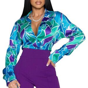 Women Blue Color Blouse Button Down Shirt Colorful Long Sleeve Floral Print Tops